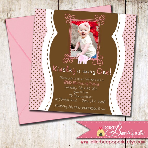 Polka Dot Custom Photo Birthday Party Invitation - Choose Your Colors - Printable Digital Invite - Pink Lemonade - Elephant Theme - Tropica Il_570xn