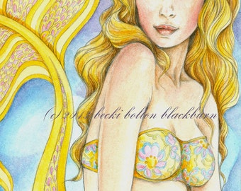 Mermaid Art ~The Sultry Saffron~ Fine art, blank greeting card, fantasy note card, yellows, pinks, and a blue sky