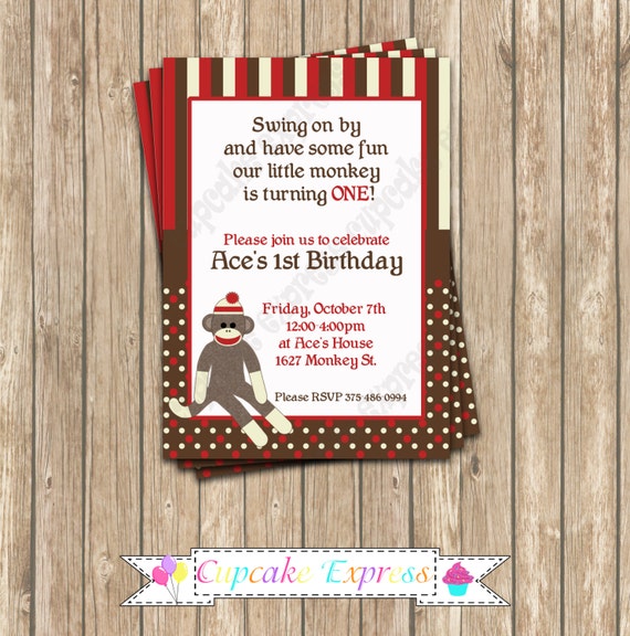 DIY Sock Monkey Birthday Printable Party Invitation red brown monkey NEED them printed see price chart... Il_570xn