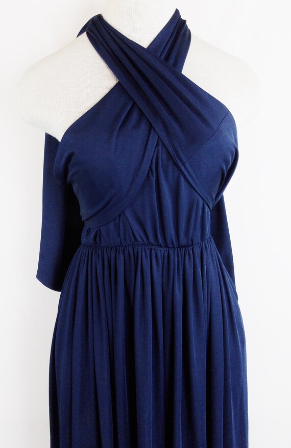 Vintage DONALD BROOKS QUIANA Navy Blue Grecian Draped Dress