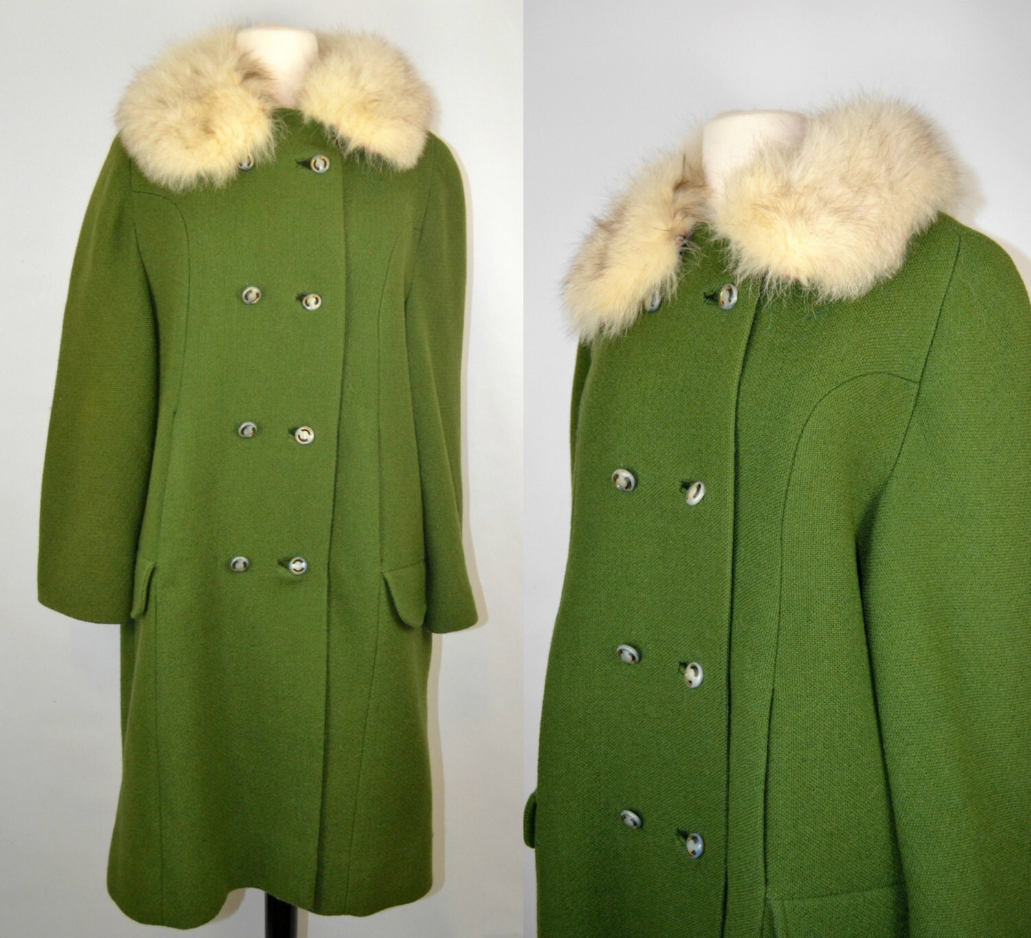 Vintage Green Winter Coat with Real Fur Collar