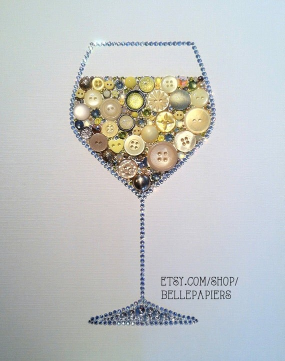 Wine Lovers Button Art Wine Glass Decoration White Wine Art Button Wine Glass Swarovski Crystals