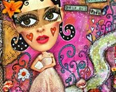 Quote print, mixed media collage art print, positive quote, positive art, big eyed girl, kawaii art, pink.