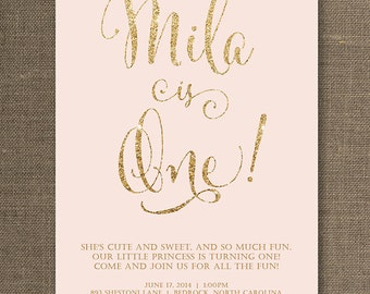 Blush Pink & Gold Birthday Invitation Girl Gold Glitter Pastel Pink Script Modern First 1st FREE PRIORITY SHIPPING or DiY Printable - Mila