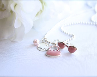 Sterling Silver Personalized Pink Girls Fashion Charm Necklace Pink Sunglasses, Purse Handbag Charm and Flower -- FREE Gift Packaging
