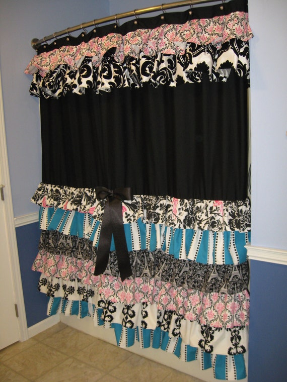 Shower Curtain Cascading Ruffles Custom Designer Fabric Black