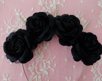 Black Dahlia-Pastel Goth Silk Black Roses and Silver Spikes flower crown Lana Del Rey