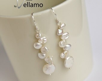 Keshi pearl sterling silver earrings with white reborn Keshi pearls, delicate keishi pearl earrings, long white pearl bridal earrings