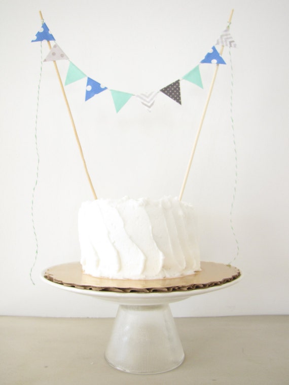 First Birthday Cake Topper - Fabric Cake Bunting - Wedding, Party, Shower Decor, baby elephant grey blue white aqua chevron polka dots boy