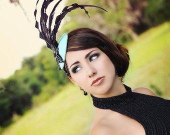 Tiffany Blue & Black Avant Gard Feather Fascinator