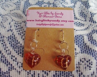 Pierced Earrings - Red Glass Heart Earrings - Dangle Earrings - Heart Earrings - Red Earrings - Lightweight Earrings - Lever Back Earrings