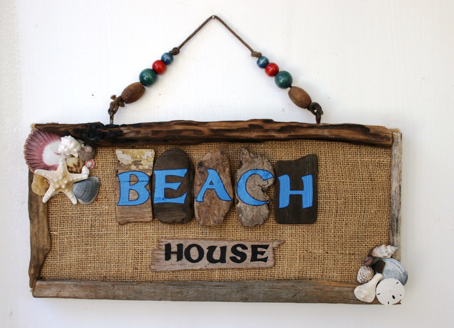 Beach House Wall Decor with burlap and shells Vacation home