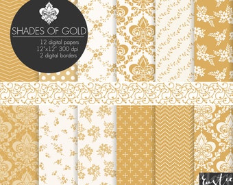 SALE Gold digital paper. Floral and damask patterns for photography backgrounds. Flower, damask, chevron in gold & off-white for wedding.