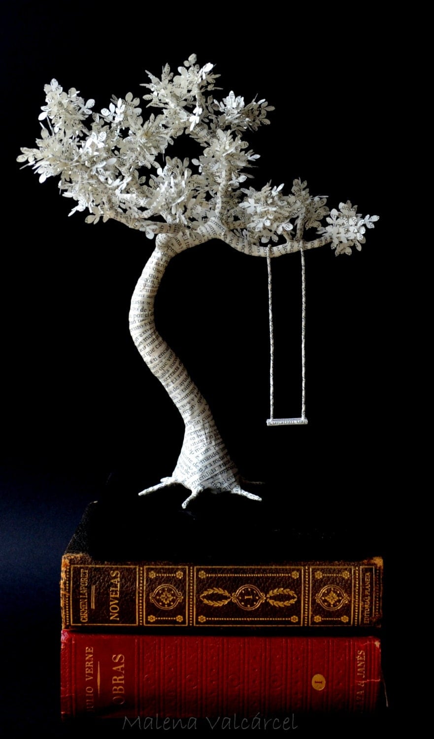 Book Paper Sculpture Paper Tree with swing on wood Paper