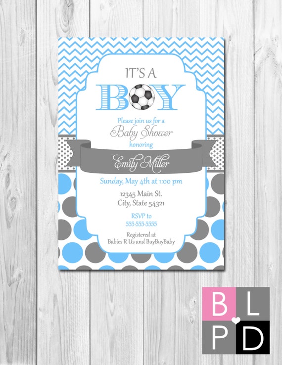 Soccer Baby Shower Invitation - Chevron Stripes and Polka Dots - Blue and Grey - DIY - Printable Il_570xn