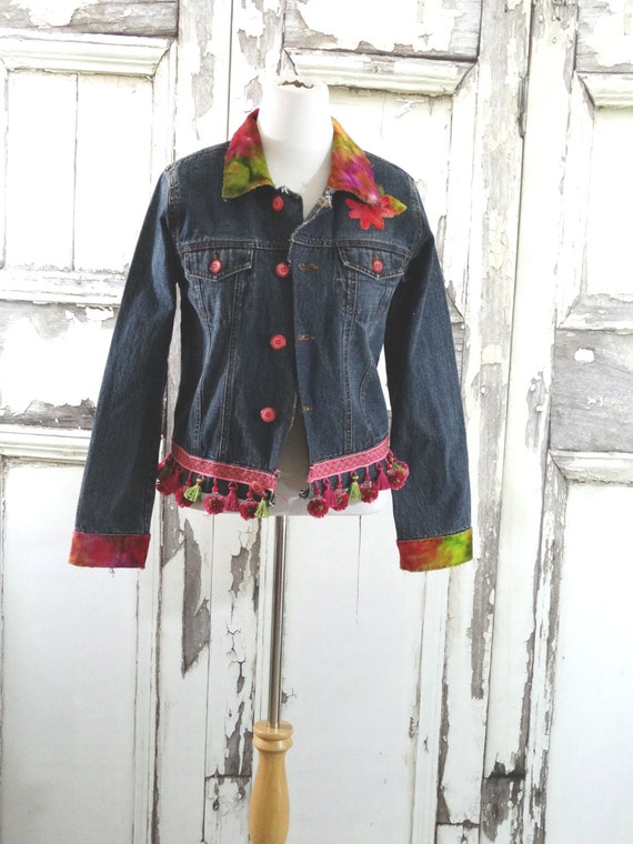 Denim Velvet Hippy Appliqued Jacket Large by CuriousOrangeCat