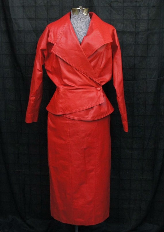 Vintage Women's 80's/90's Red Leather Skirt Suit