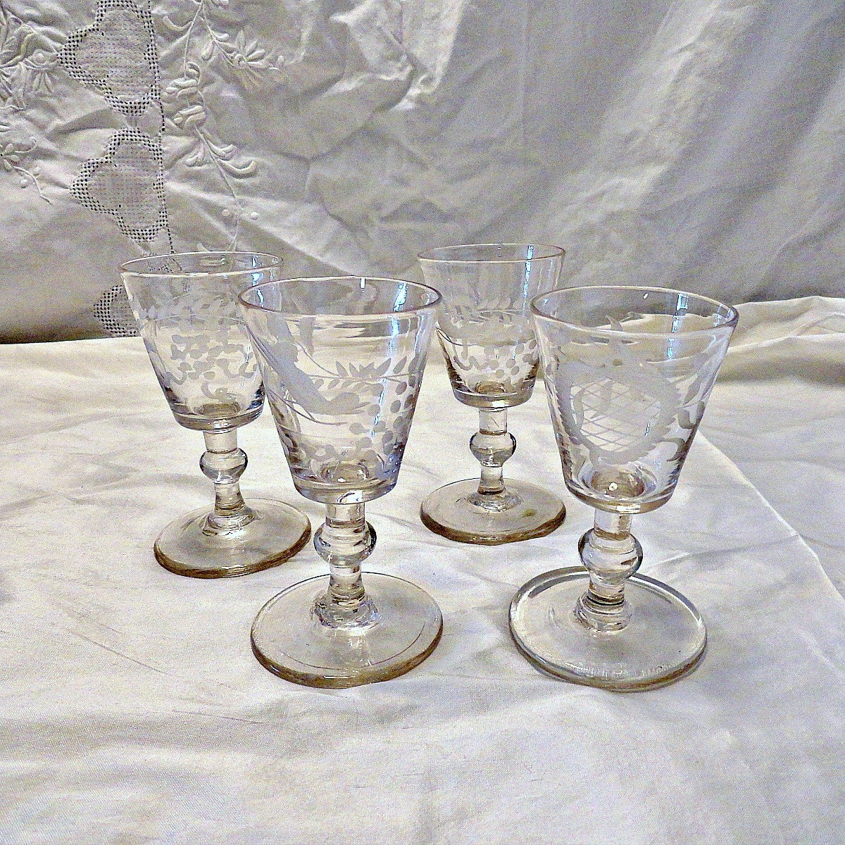 Flint Glass Wine Cordial Set Copper Wheel Engraved Circa 1820