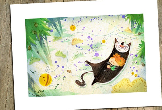 Cat and Girl Print, Nursery Art, Kids Print, Cat Art,  I Love You, Yin&Yang, Cute Girl with Cat