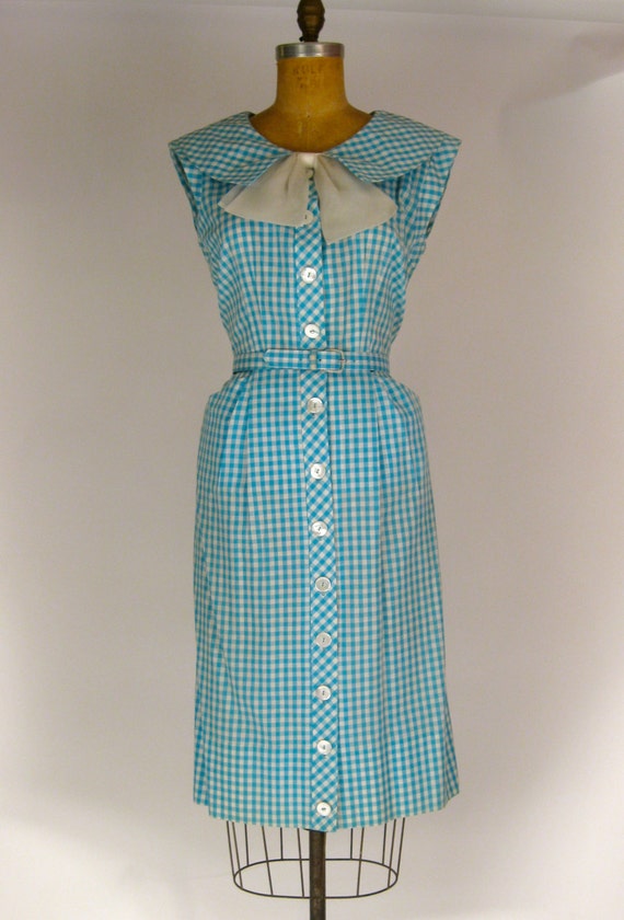 1950s Blue and White Gingham Cotton Dress