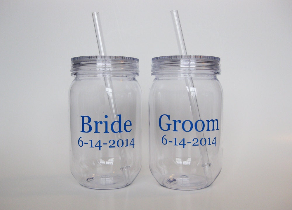 Bride and Groom Tumbler Plastic Mason Jar by TheCraftyEngineerx