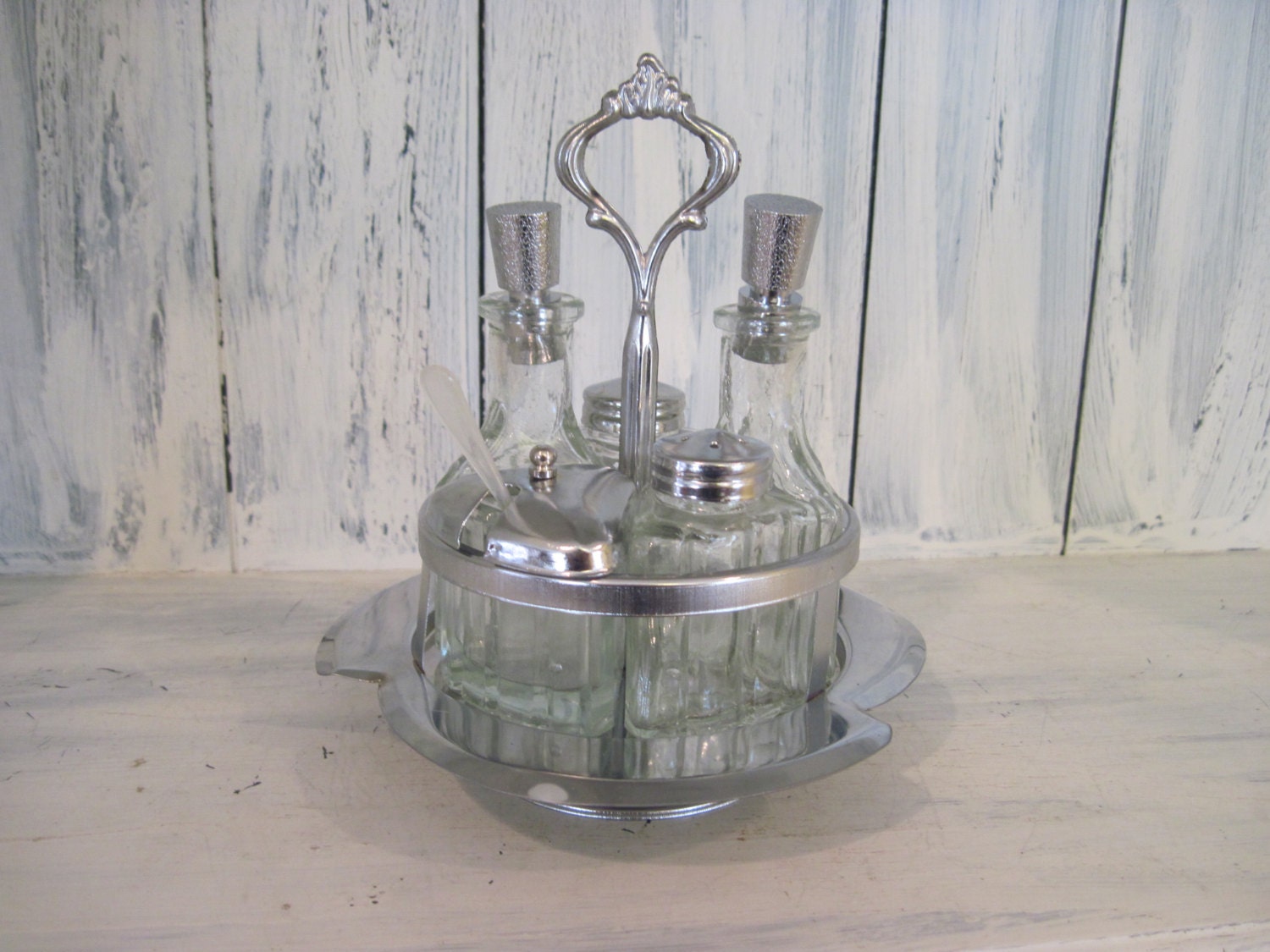Vintage silver color condiment holder and glass condiment set of salt
