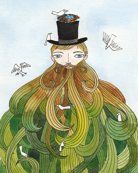 Items similar to Top hat,huge beard, birds nest, Art PRINT Watercolor