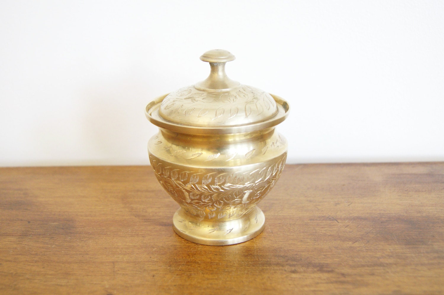 Vintage Brass Mid Century Carved Vase Box with Lid
