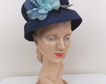 1960's Jonquil Navy Blue Straw Cloche Hat