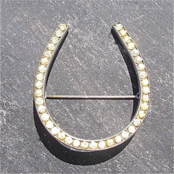 vintage silver and rhinestone horseshoe pin equestrian