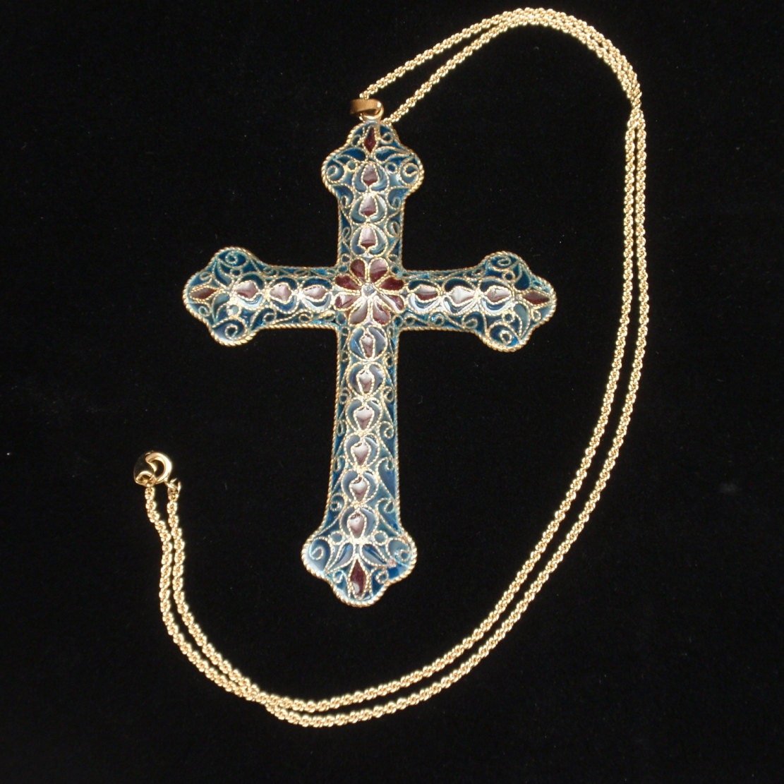 Enamel Cross Pendant Necklace Vintage Large