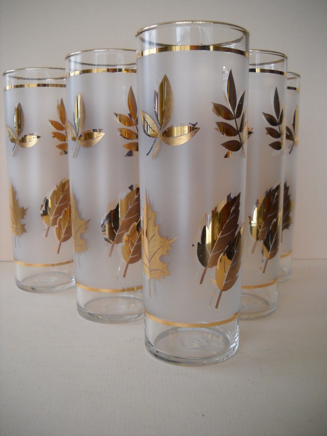 Set of 6 Vintage Mid Century Modern Libbey Frosted Leaf Glassware Iced