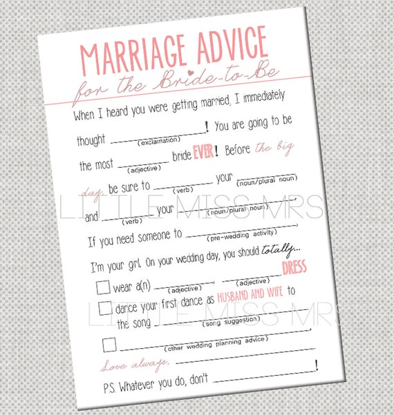 3 color options Mad-lib Bridal Shower game--pink, gold/brown, or black and white