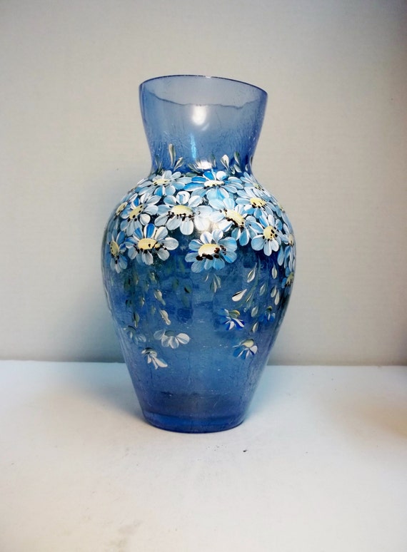 Blue Crackle Glass Blue Glass Vase Hand Painted