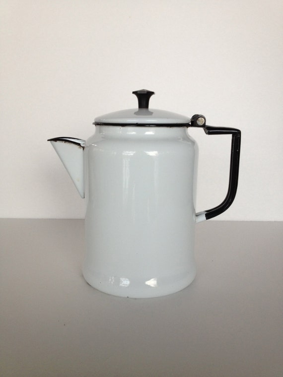 Enamel Coffee Tea Pot in Black and White Americana / Charming