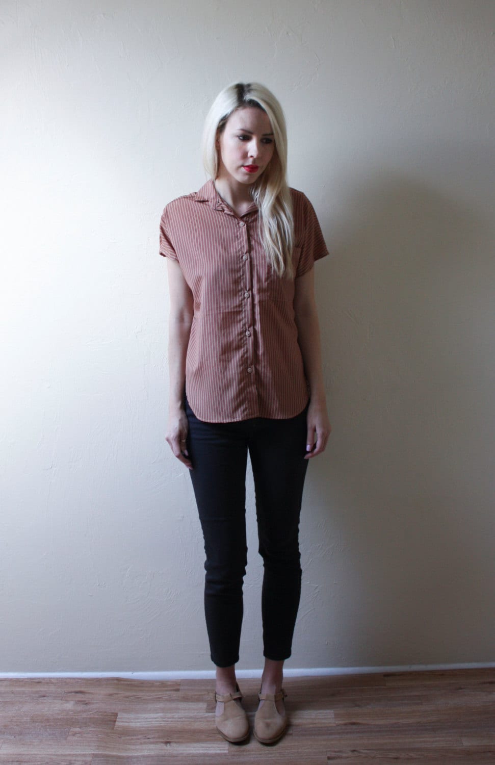 SALE: Tan and Red Striped Cap Sleeve Button Up Top with Pocket // Shirt // Blouse