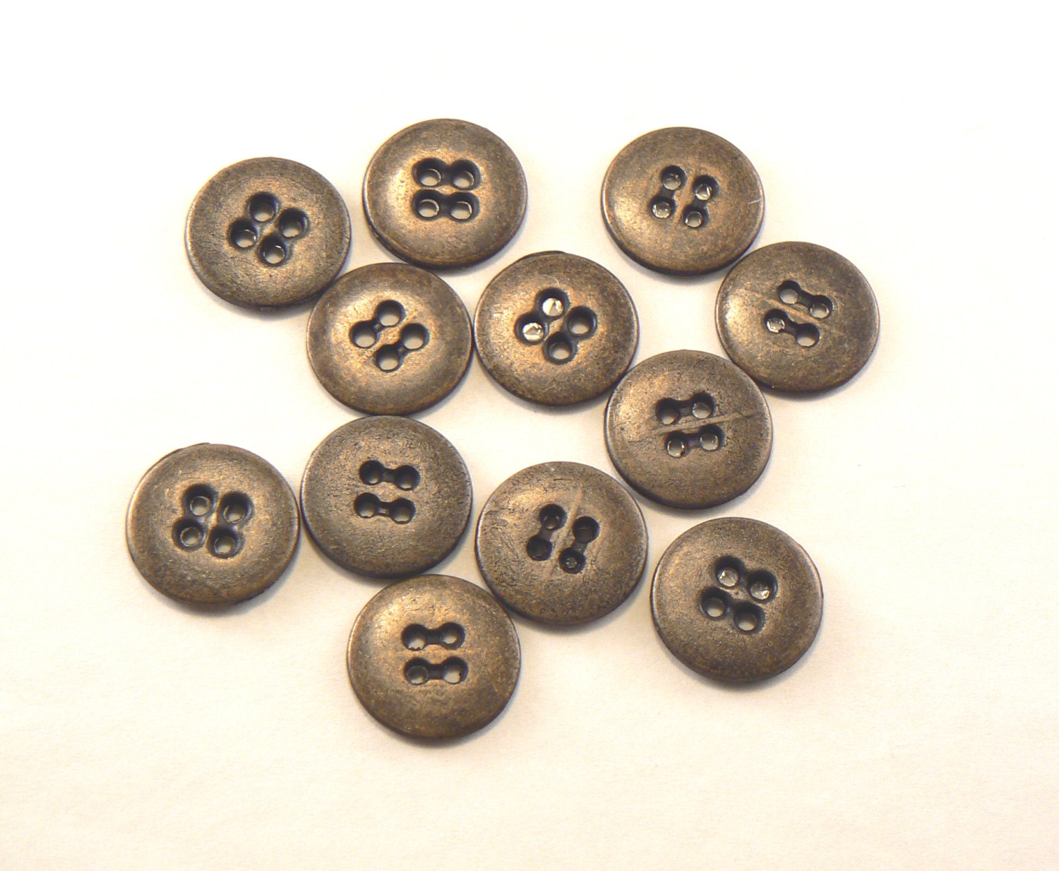 12 18mm Metal Antique Brass Tone 4 Hole Flat Back Buttons