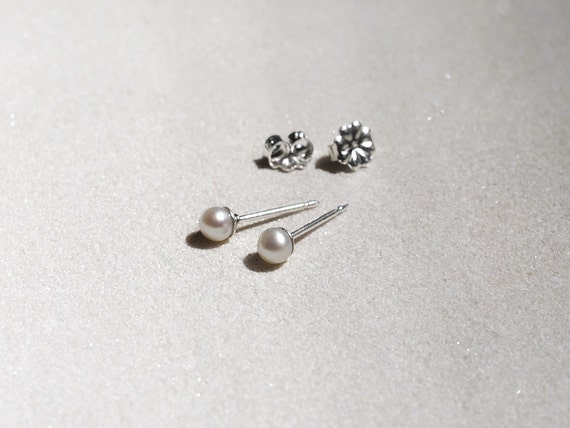 Tiny Pearl Stud Earrings Sterling Silver 3mm by LITTIONARY