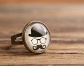 Mustache ring, glasses ring, adjustable ring, statement ring, antique brass ring, glass dome ring, antique bronze / silver plated ring base