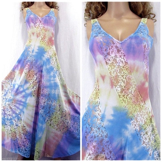 Tie Dye Nightgown XSMALL 32 Rainbow Swirl Nylon Lace Upcycled