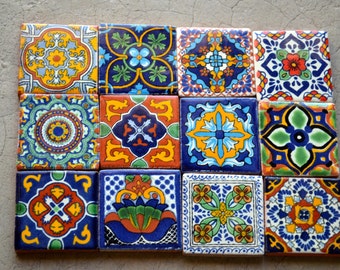 9 Mexican Talavera Tiles / Hand painted 2 X 2