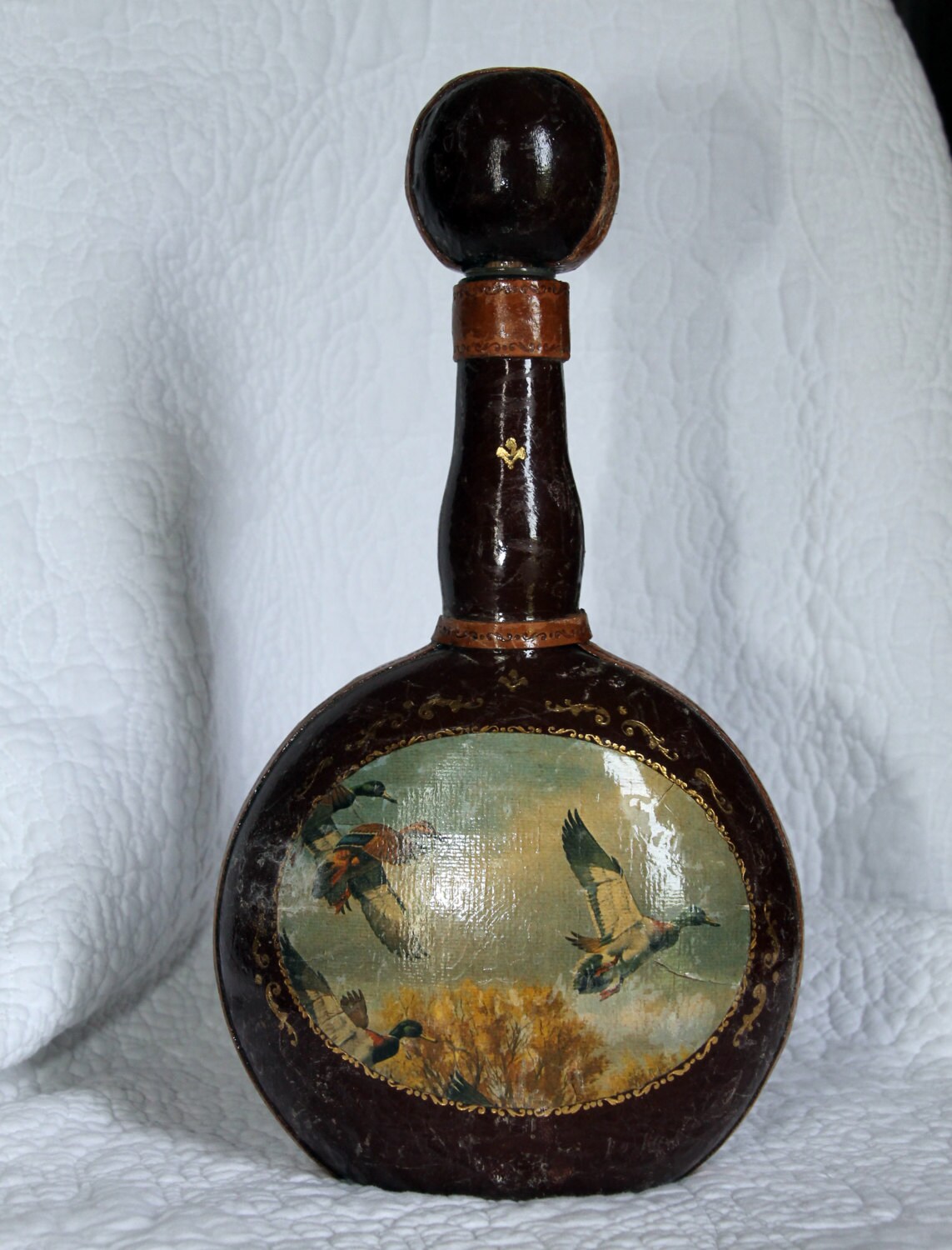 Vintage Leather Covered Bottle / Liquor Decanter with Duck Motif