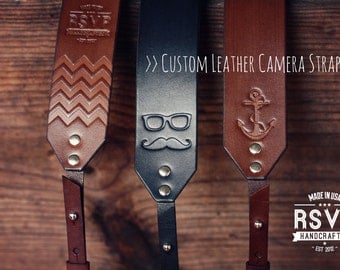 Custom Leather Camera Strap, Handmade personalized gift, hipster style, hand stitched. Choose color, stamp, custom text, name, initials