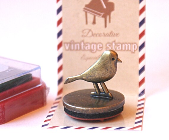 Metal Rubber Stamp + INK PAD, Vintage Bird Stamp, Piano Stamp and INK pad.
