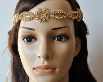 Rhinestone Headband, Wedding Headband, Crystal Headband, Wedding beaded Headband, Halo Bridal Headpiece, 1920s Flapper headband, in Gold