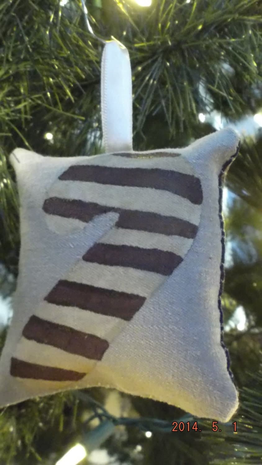 Primitive Burgundy Candy Cane Stenciled Pillow Christmas Tree Ornament FREE SHIPPING!