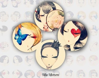 TR0001 -18mm : Images DIGITALES cabochons filles, portrait fille, ROND 18mm