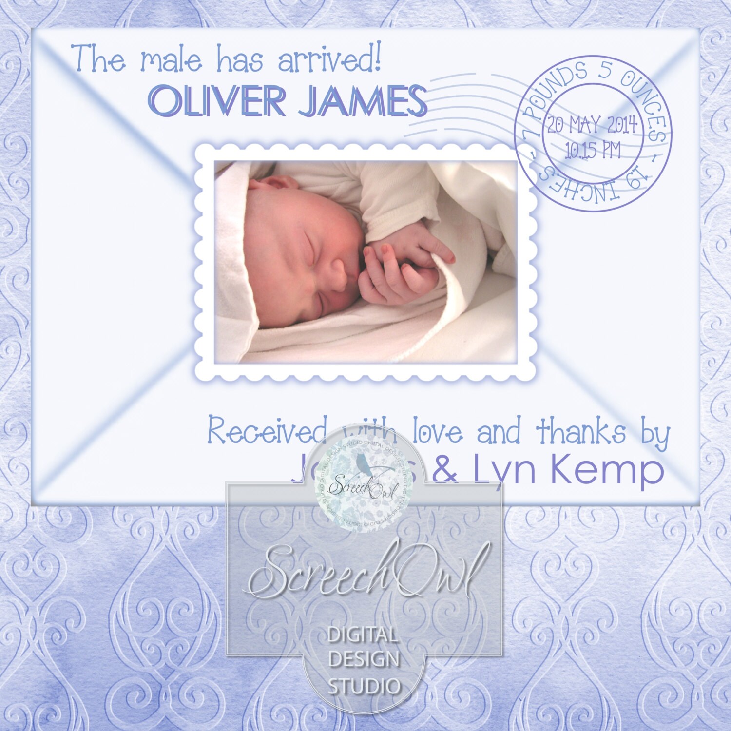 Personalized Birth Announcement Card 'Oliver by ScreechOwlStudio