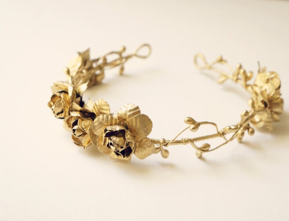Bridal floral gold crown   Golden flower etsy headpiece, circlet, flower Grecian crown, Gold