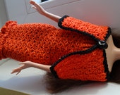 Crochet Barbie Clothes Outfit - Orange Barbie Dress with Ruffeled Edge, Cape/Wrap and Hat, Shoes included